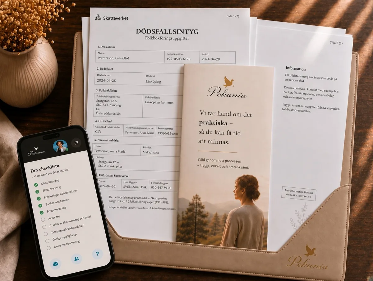 Ett dödsfallsintyg, en Pekunia-broschyr och en mobil som visar en checklista, samlade i en dokumentmapp