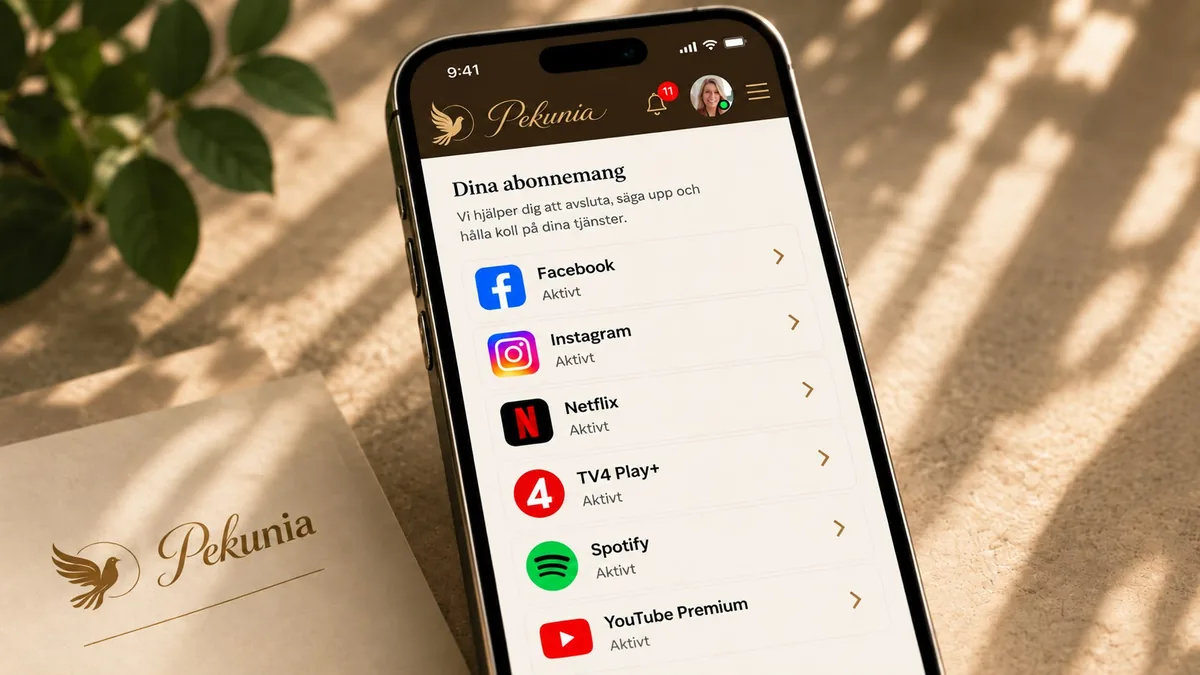 Mobil som visar Pekunia-appens lista över abonnemang, med Facebook, Netflix och Spotify markerade som aktiva
